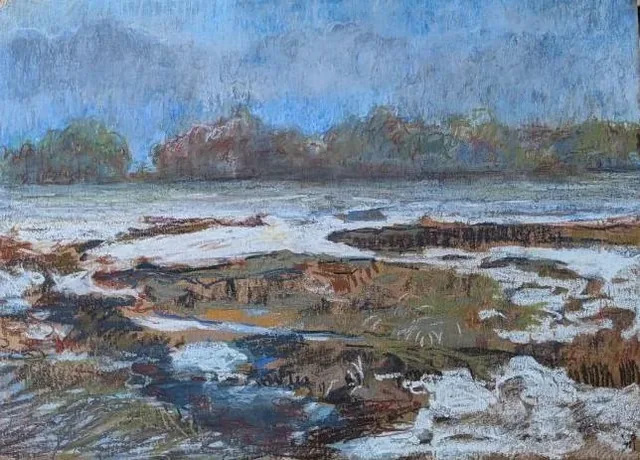 Картина Оттепель, картина пастелью, пейзаж ранней весны, автор Александра Козейкина