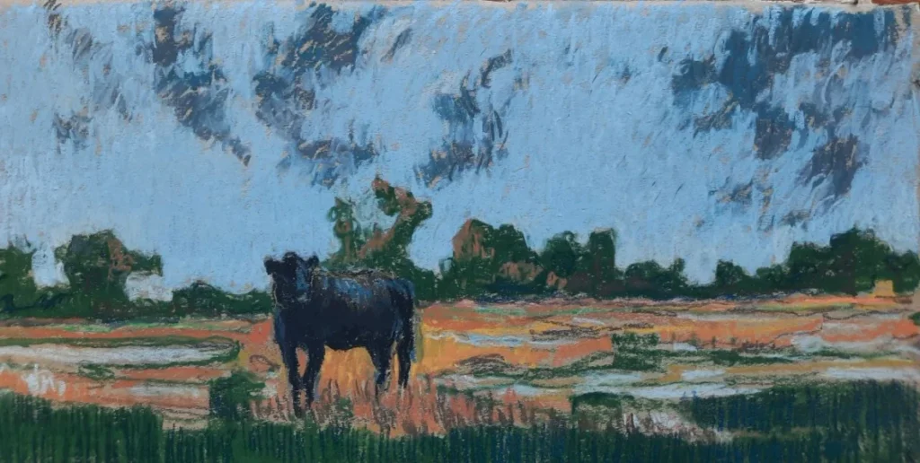 пейзаж с коровой, пейзаж сухой пастелью на картоне. Размер 13×38