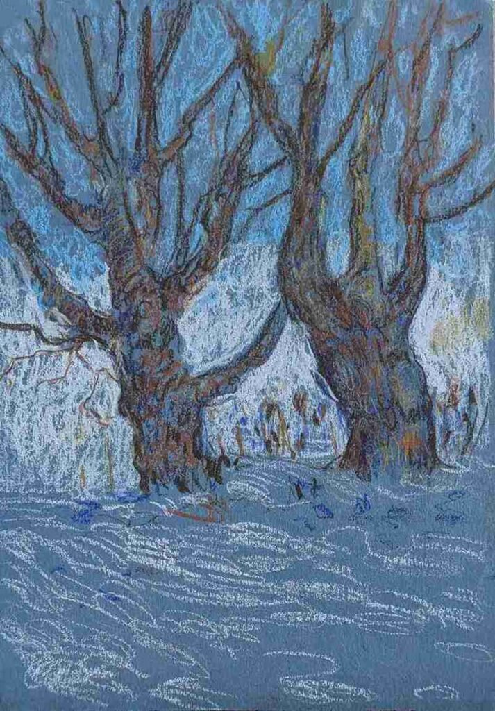 авторская пастель 18×25 см, зимний пейзаж передает ощущение морозного дня