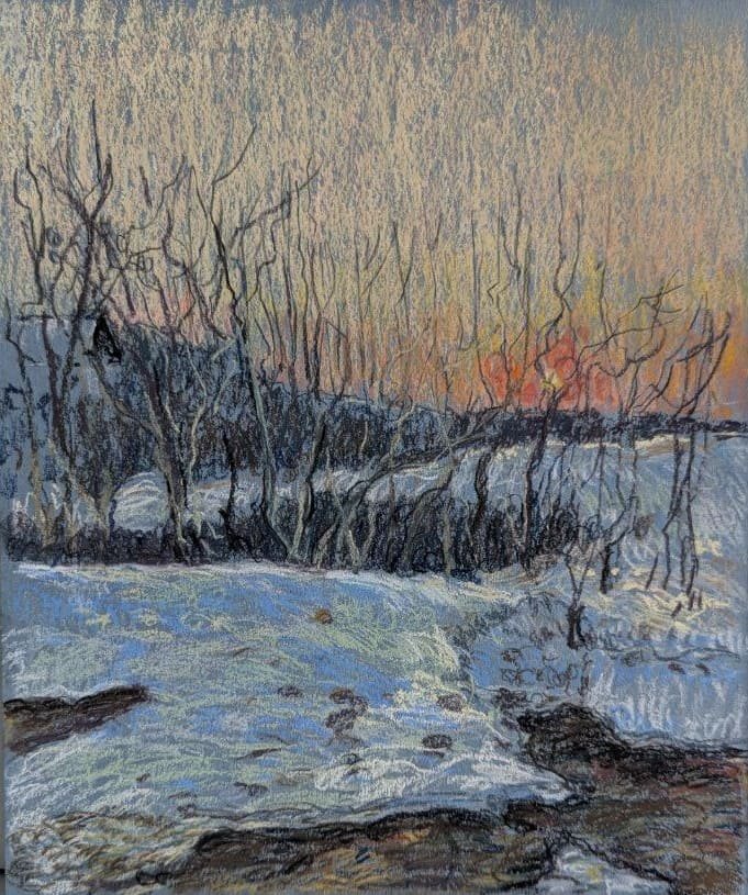 вечерний закат, снег, рисунок пастелью
